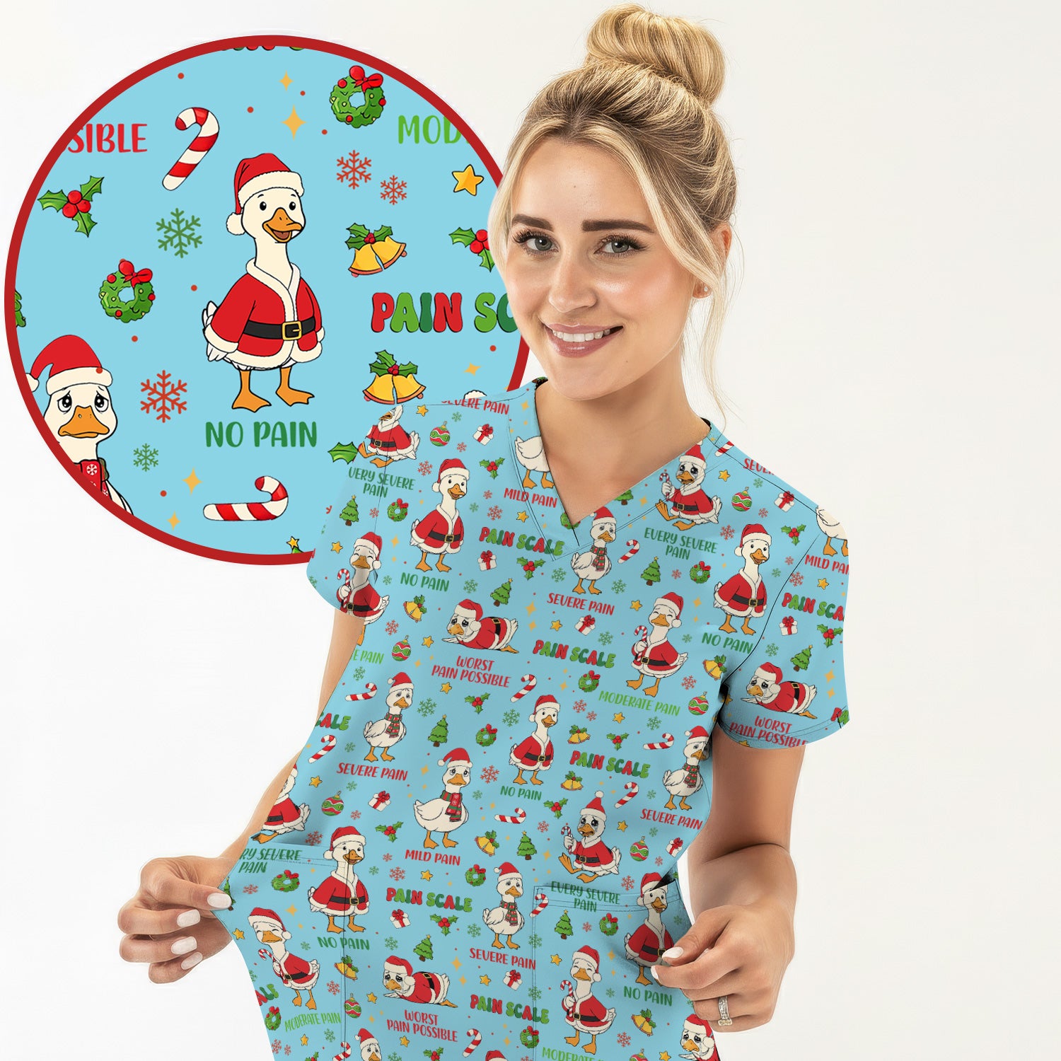 Funny Goose Christmas Scrub Top - Pain Scale Nurse Pattern Shirt - Cute Holiday Medical Scrubs for Women