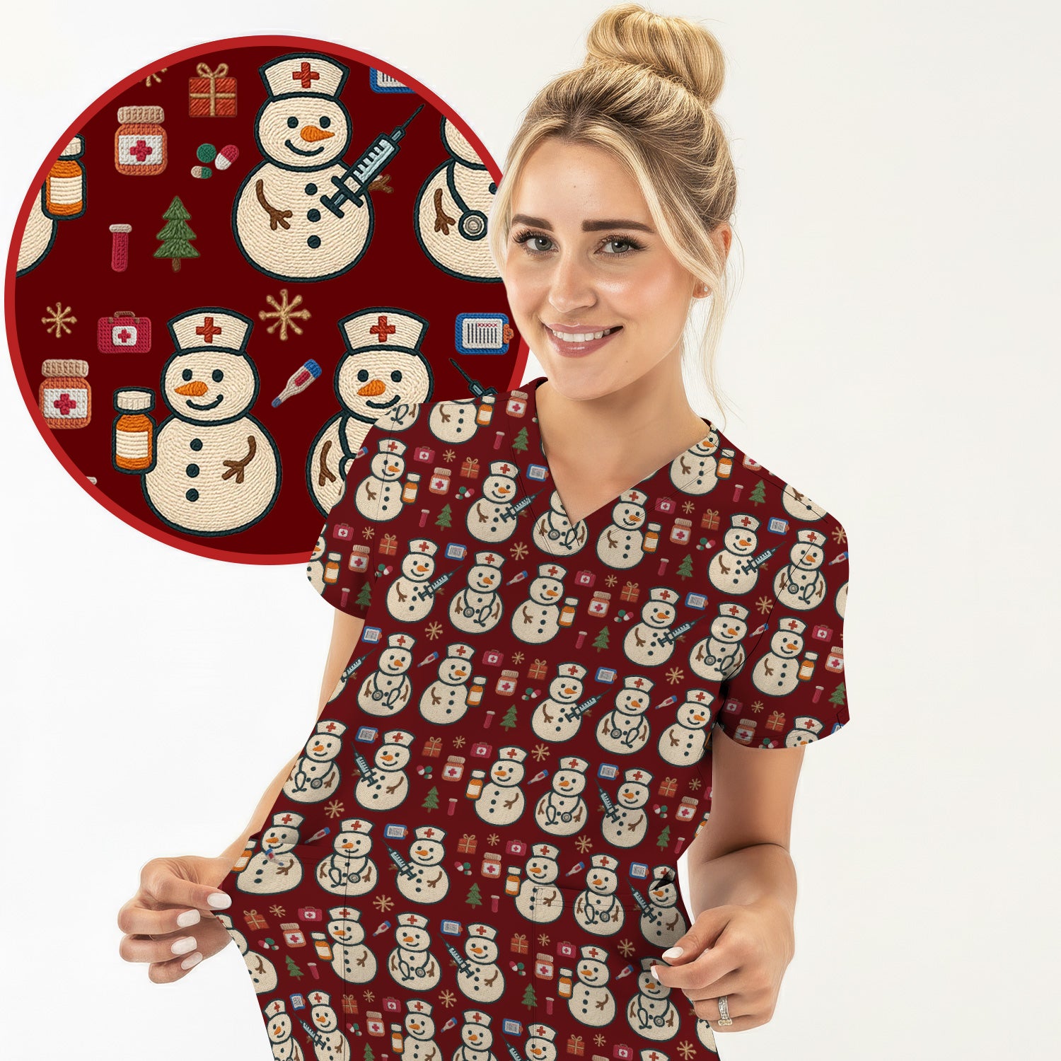 Snowman Nurse Christmas Scrub Top – Festive Medical Pattern Shirt – Cute Holiday Uniform For Nursing