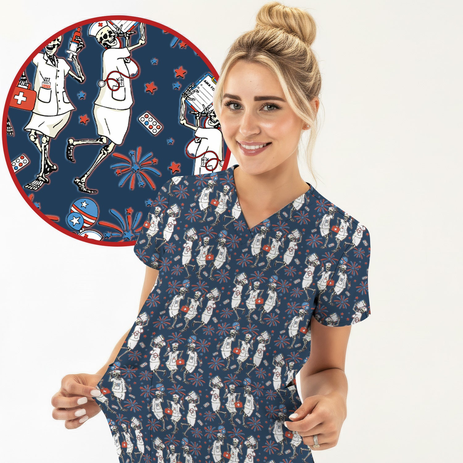 Funny Skeleton Nurse Patriotic Print Scrub Top, Halloween USA Fireworks Nursing Uniform for Women
