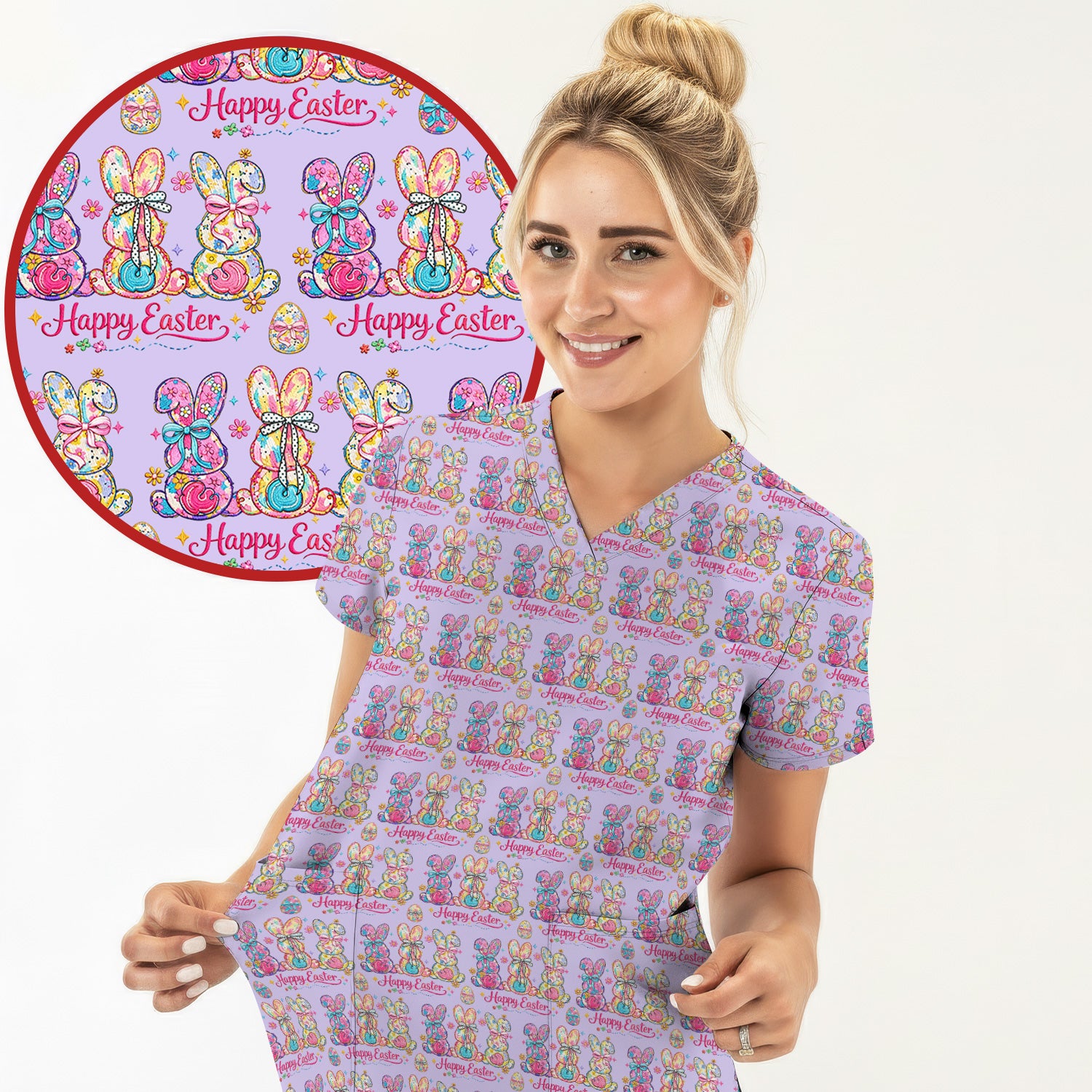 Pink Happy Easter Bunny Pattern Scrub Set, Scrub Pants and V Neck Top
