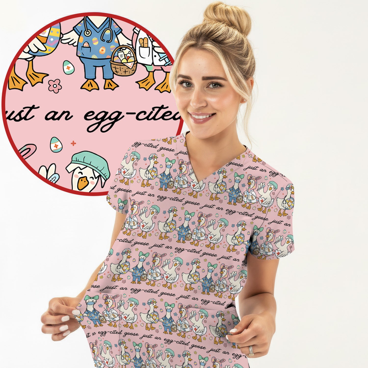 Funny Easter Nurse Goose Pattern Scrub Top, Comfortable Scrubs for Nurses