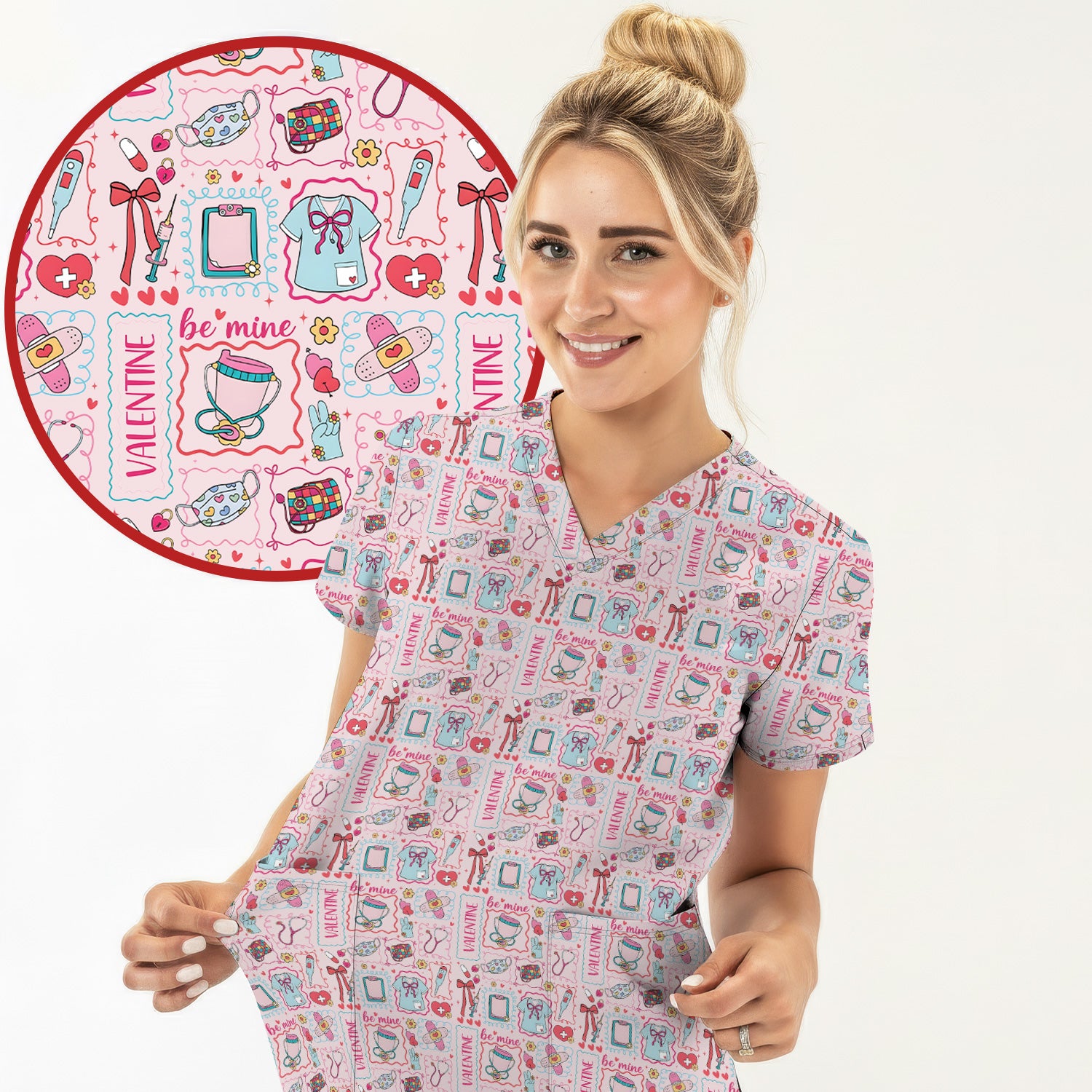 Valentine Medical Hearts Bandages Syringes Scrub Top, Comfortable Scrubs for Nurses