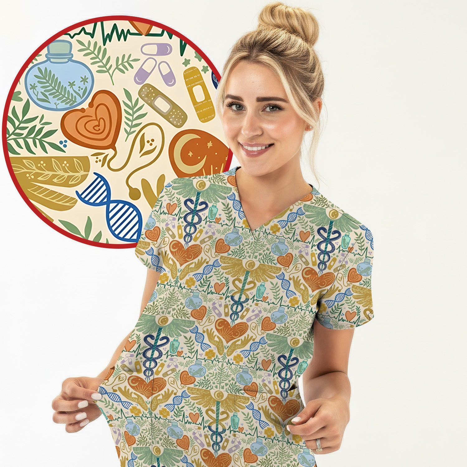 Inspirational Botanical Medical Caduceus Heart Nurse Pattern Scrub Top, Breathable Fabrics Nursing Uniform