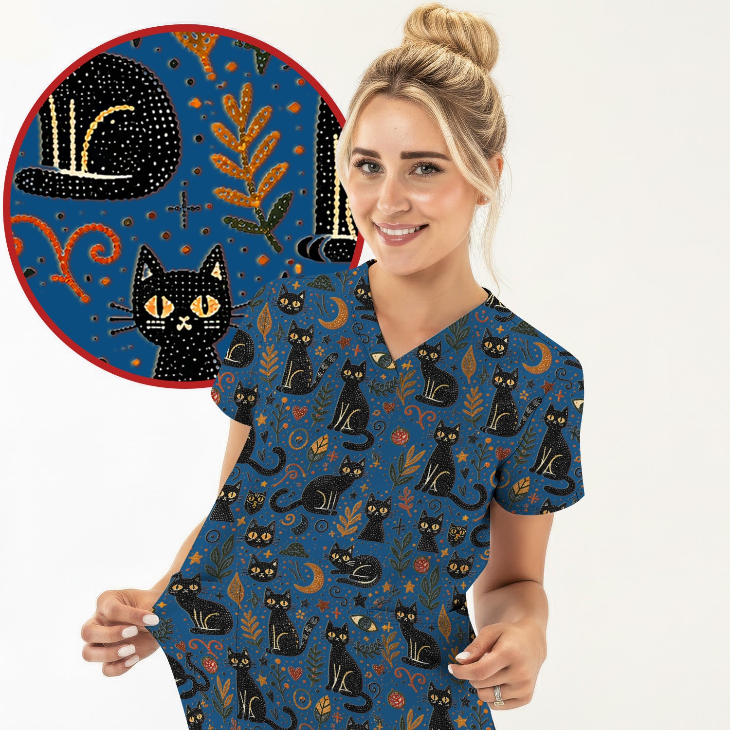 Mystic Black Cat Celestial Doodle Pattern Scrub Top, Comfortable Scrubs for Nurses