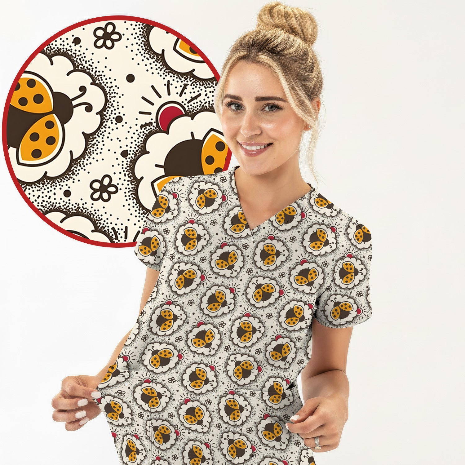 Cute Ladybug in Floral Frame Pattern Scrub Top, Breathable Fabrics Nursing Uniform
