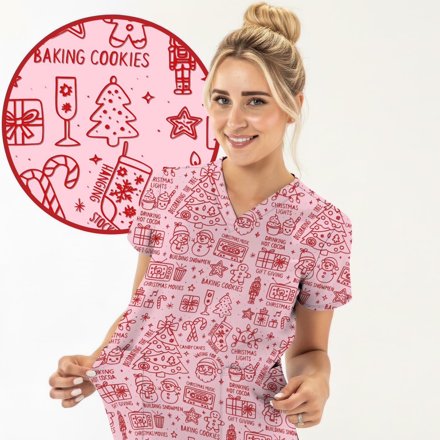 Christmas Pattern Scrub Top, Holiday Baking Cookies Nurse Shirt, Cute Medical Uniform Gift for RN, LPN, Healthcare Worker