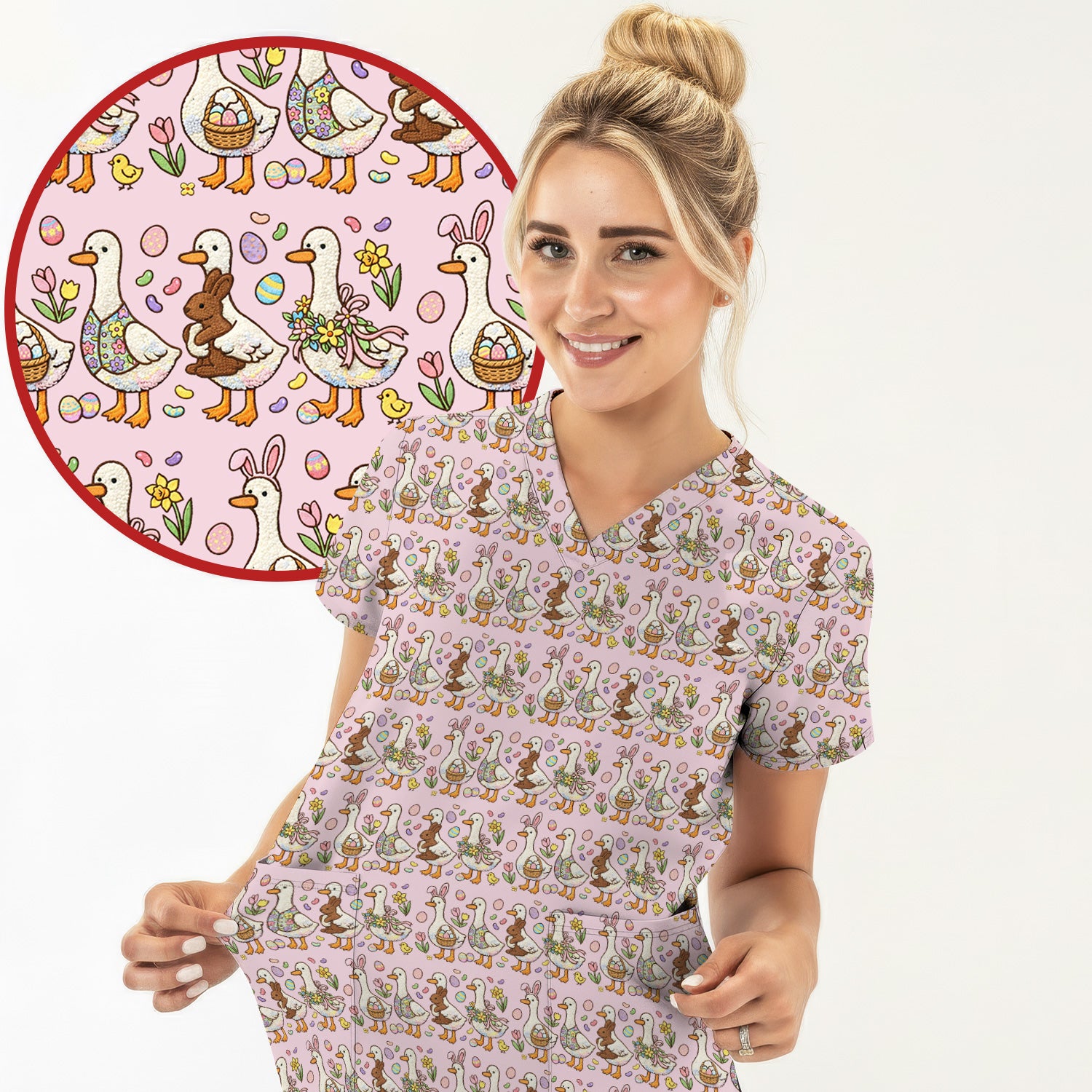 Easter Theme Duck and Bunny Egg Floral Print Scrub Top, Comfortable Scrubs for Nurses
