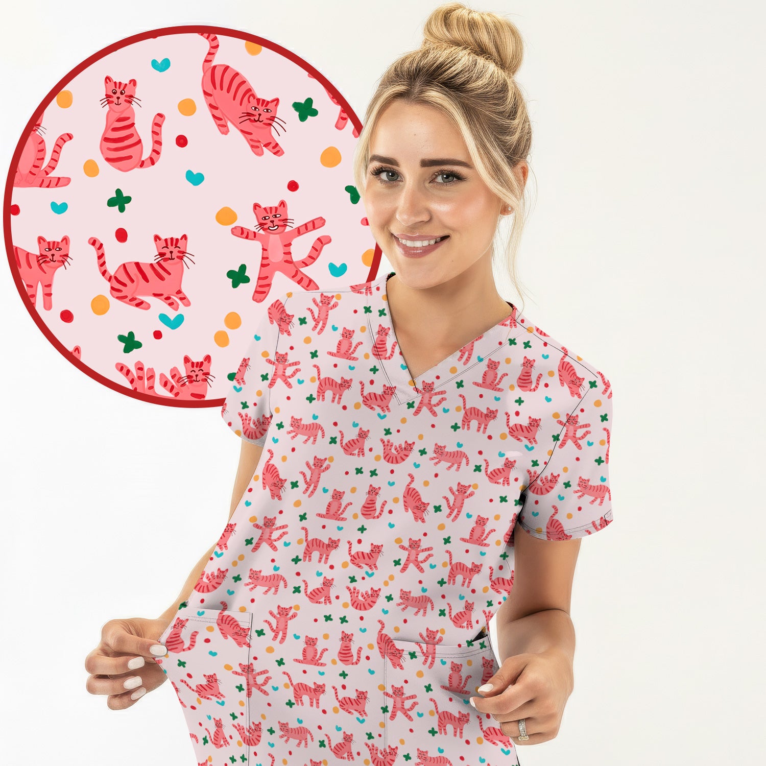 Cute Pink Cat Pattern Scrub Top, Comfortable Scrubs for Nurses