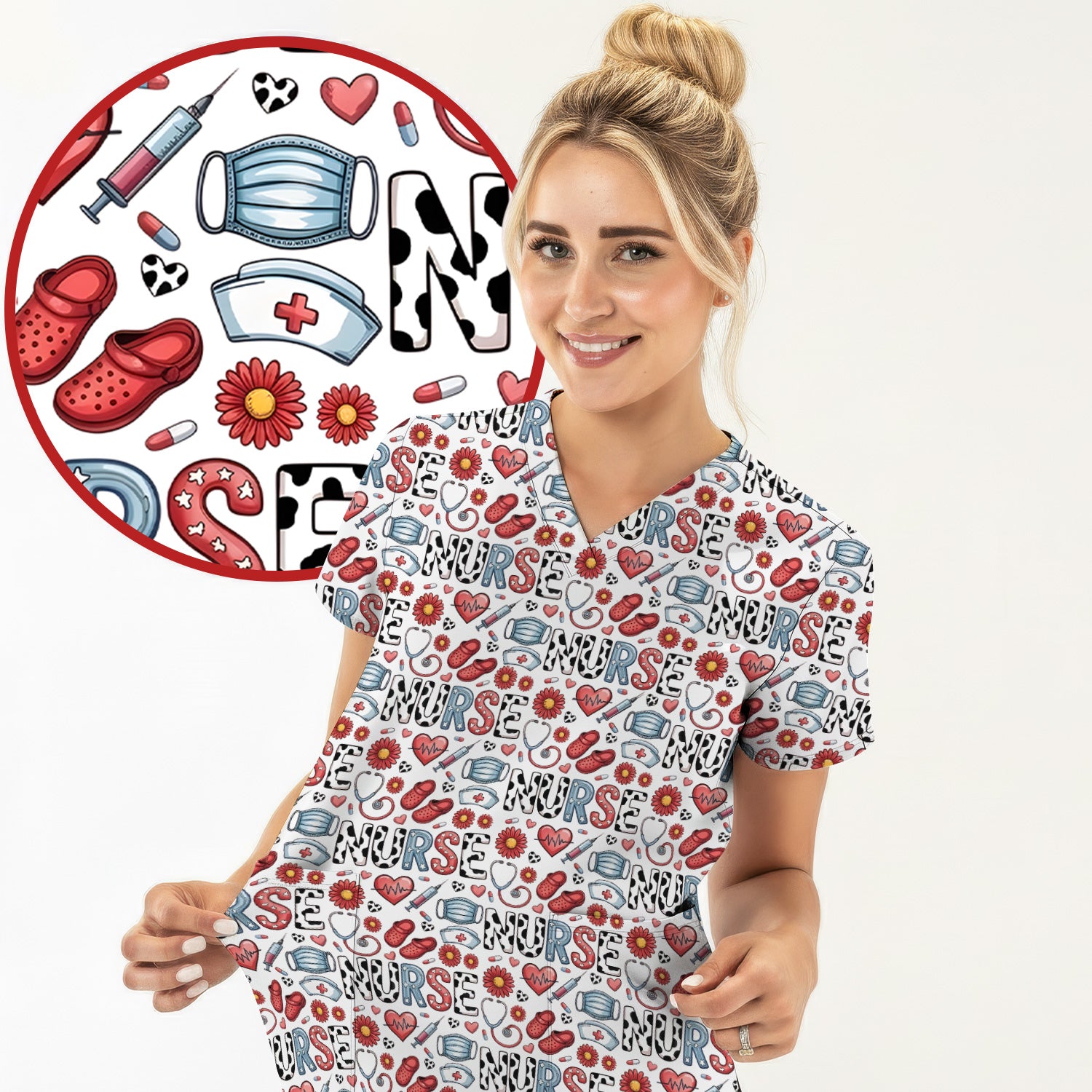 Cute Nurse Medical Icon Pattern Scrub Top, Comfortable Scrubs for Nurses
