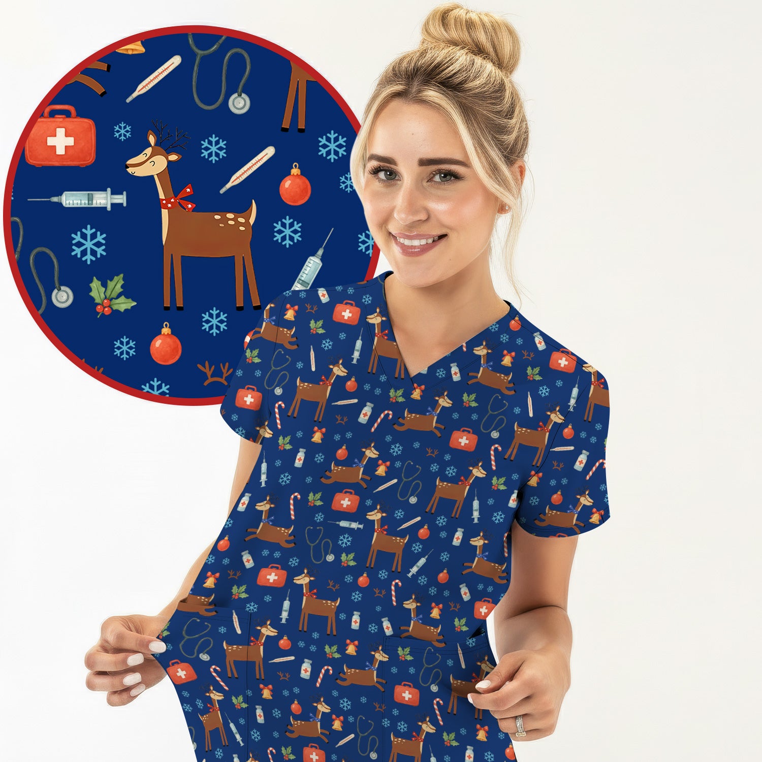 Christmas Reindeer Scrub Top for Nurses - Cute Reindeers Snowflakes Candy Canes Shirt - Comfortable Med Uniform
