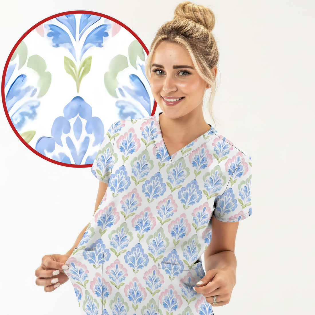 Blue Floral Damask Pattern Scrub Top, Breathable Fabrics Nursing Uniform