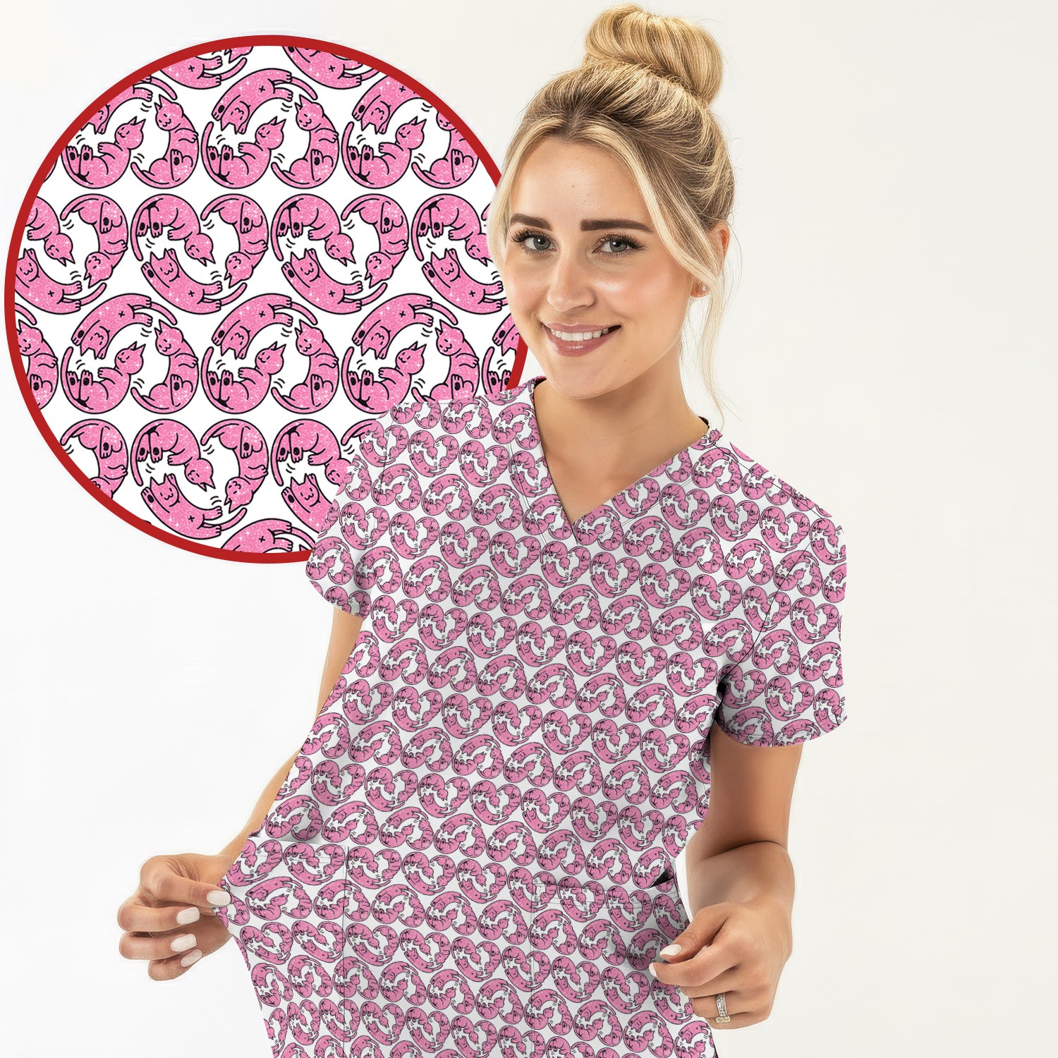 Cute Pink Cat Cartoon Pattern Scrub Top, Comfortable Scrubs for Nurses