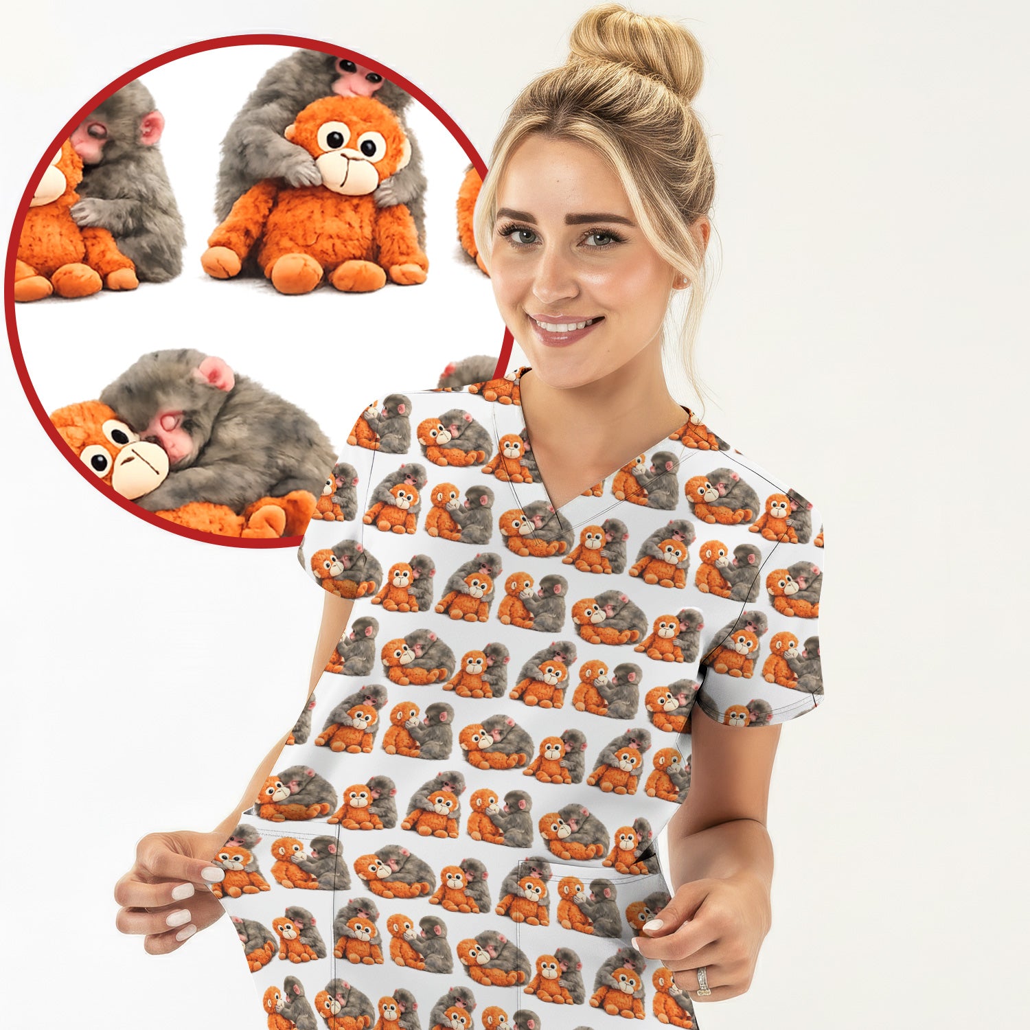 Cute Baby Monkey Plush Toy Animal Pattern Scrub Top, Breathable Medical Uniform Top