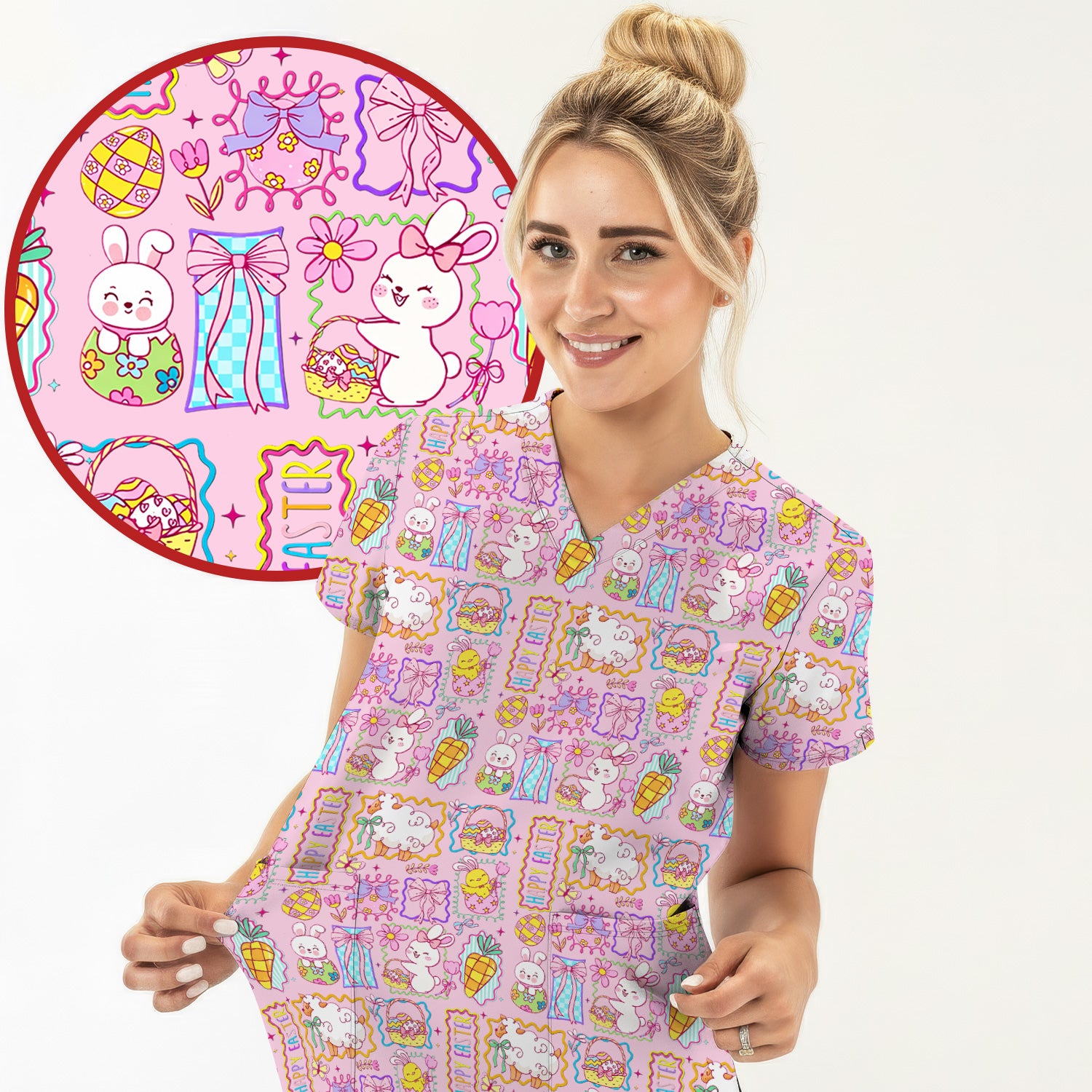 Cute Easter Bunny Egg and Bow Print Scrub Top, Breathable Fabrics Nursing Uniform