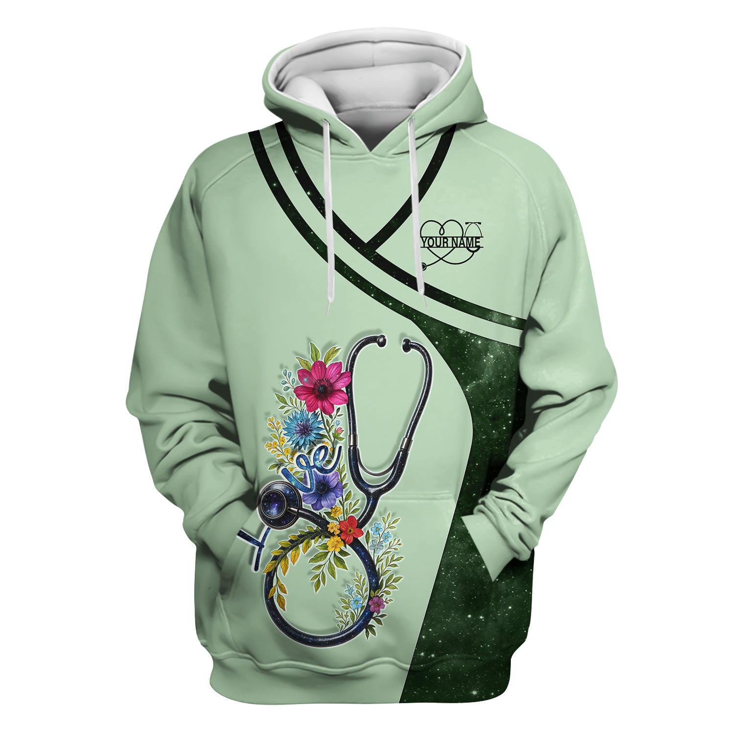 Custom Nurse Love T-Shirt - Floral Stethoscope & Galaxy Design - Personalized Gift for RN LPN CNA Healthcare Professionals