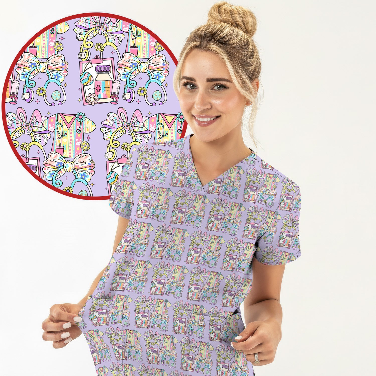 Colorful Nurse Scrub Supplies Pattern Scrub Top, Breathable Fabrics Nursing Uniform