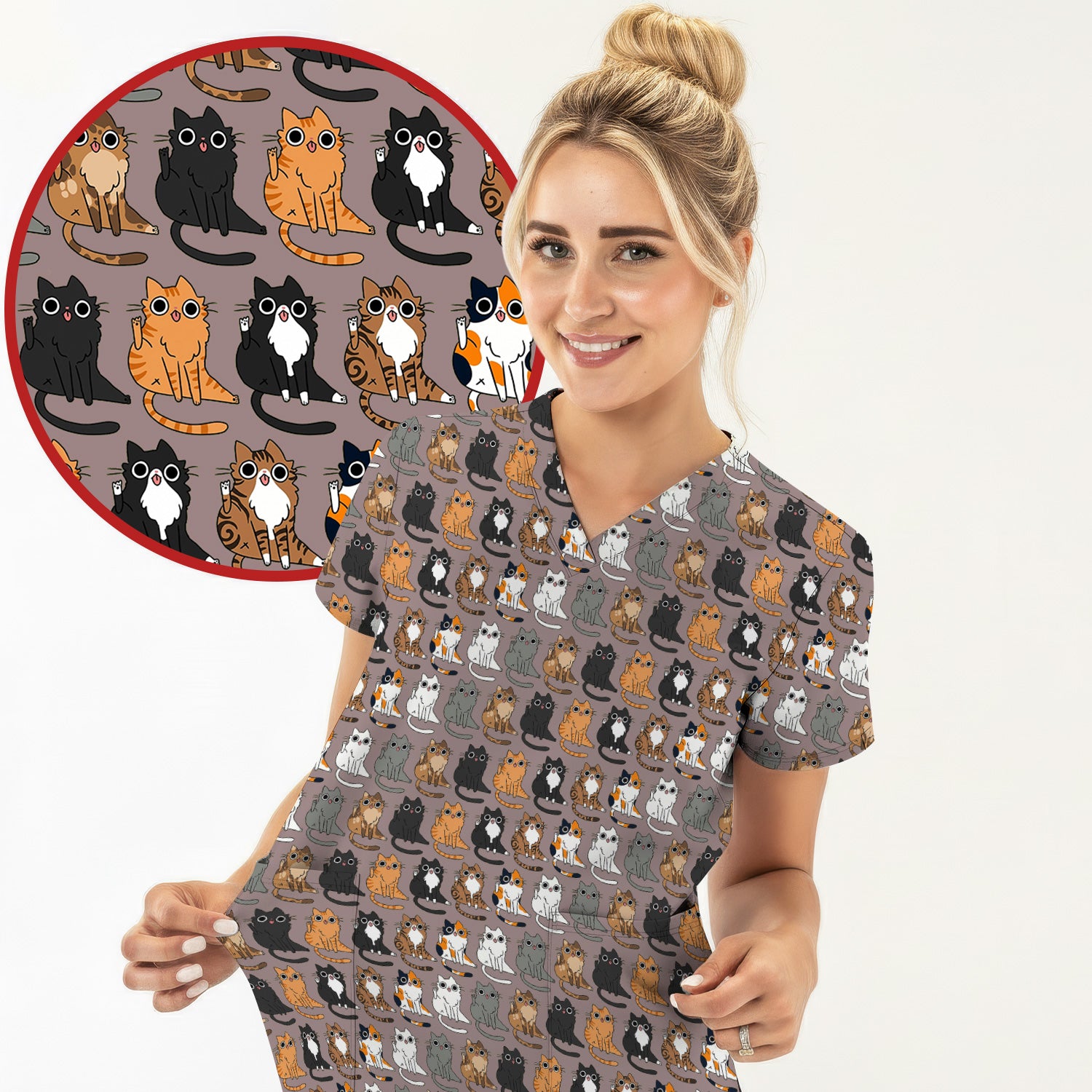 Cute Cartoon Cat Pattern Scrub Top, Comfortable Scrubs for Nurses