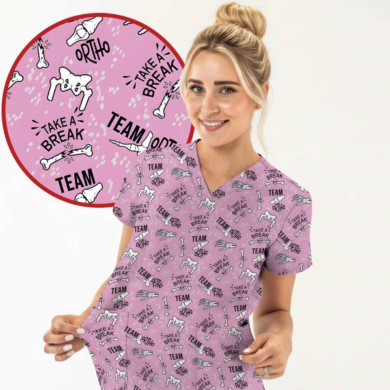 Team Ortho Bone Joint Print Scrub Top, Breathable Fabrics Nursing Uniform