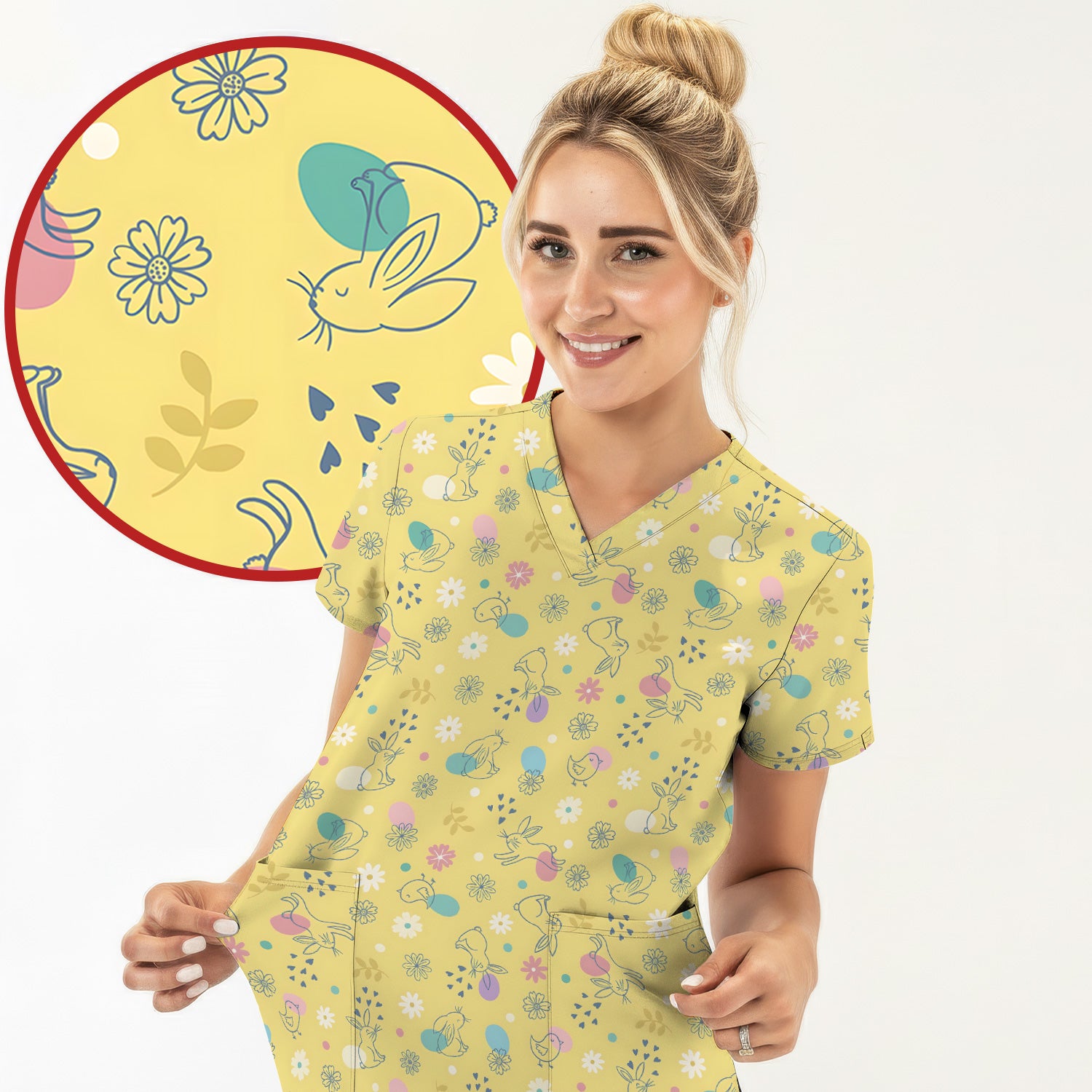 Whimsical Easter Bunny Eggs Pattern Scrub Top, Comfortable Scrubs for Nurses