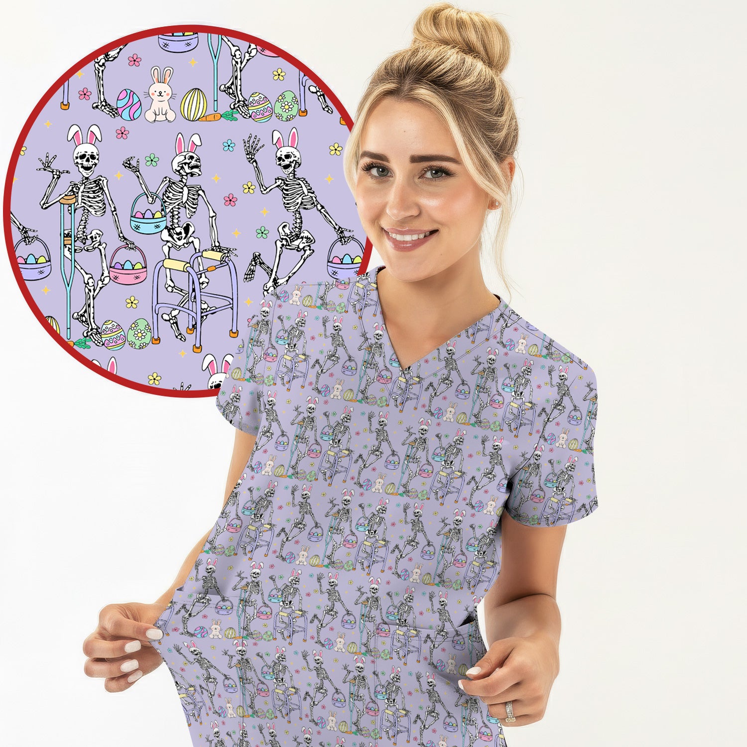 Fun Skeleton Bunny Easter Print Scrub Top, Comfortable Scrubs for Nurses