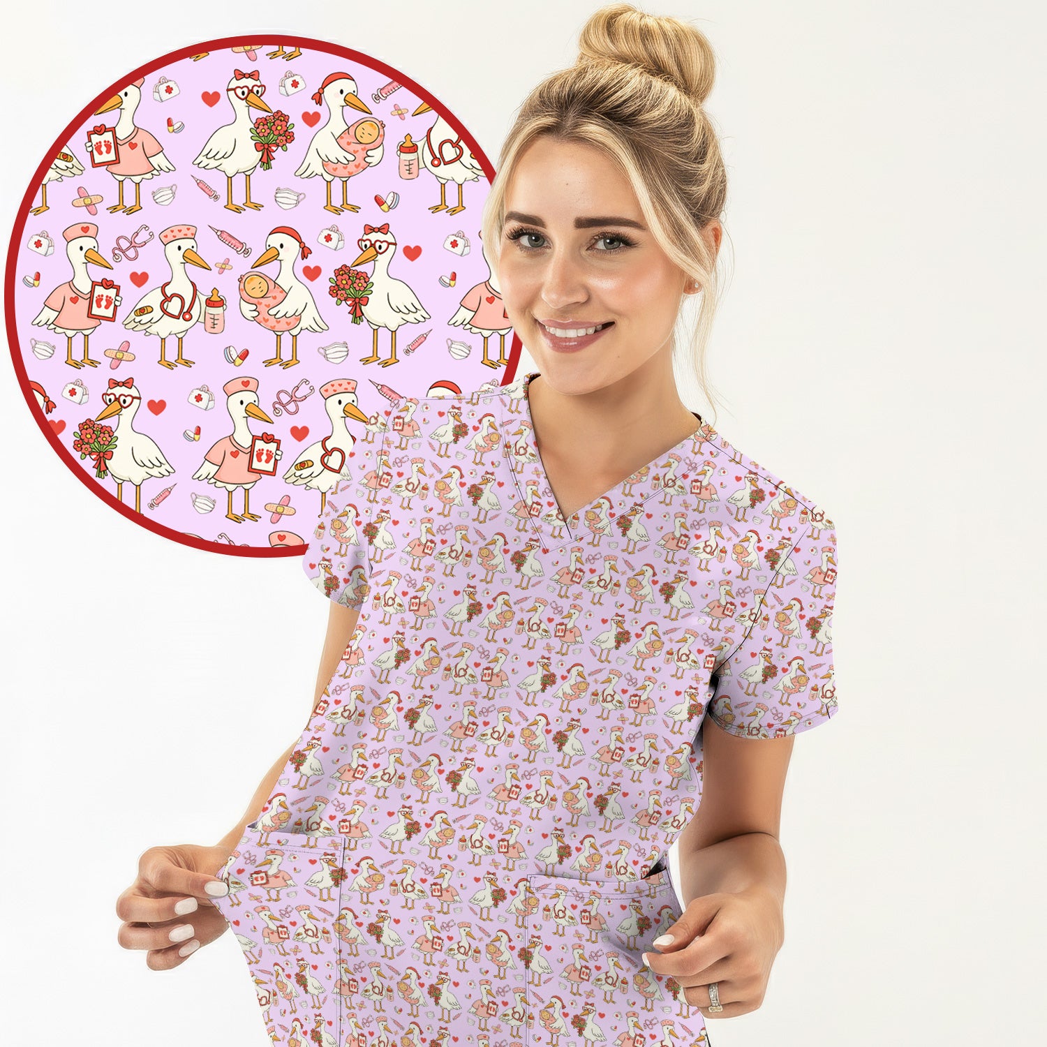 Cute Goose Nurse Valentine Pattern Scrub Top, Breathable Fabrics Nursing Uniform
