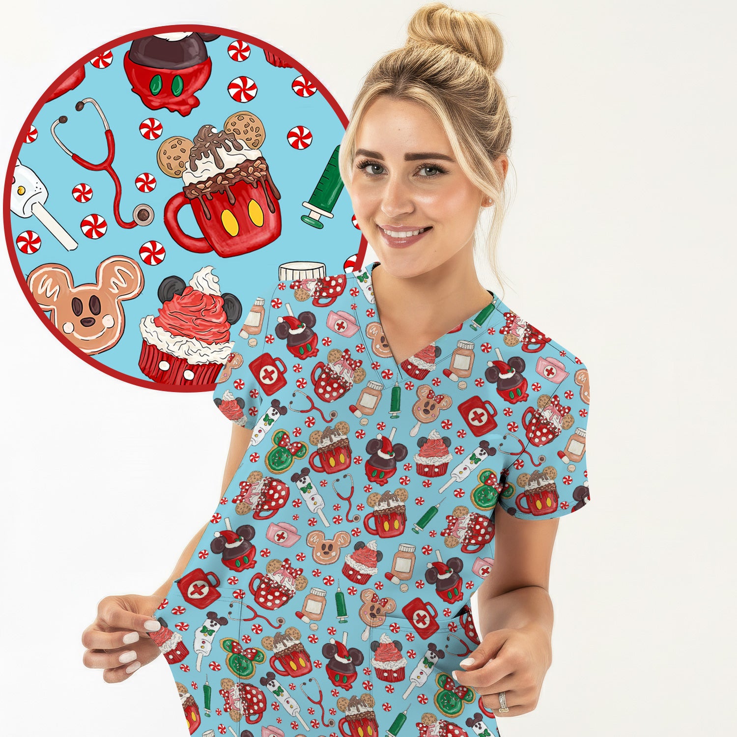 Christmas Scrub Top for Nurses - Cute Gingerbread Cupcake Candy Medical Shirt - Xmas Holiday Uniform for Women RN CNA LPN