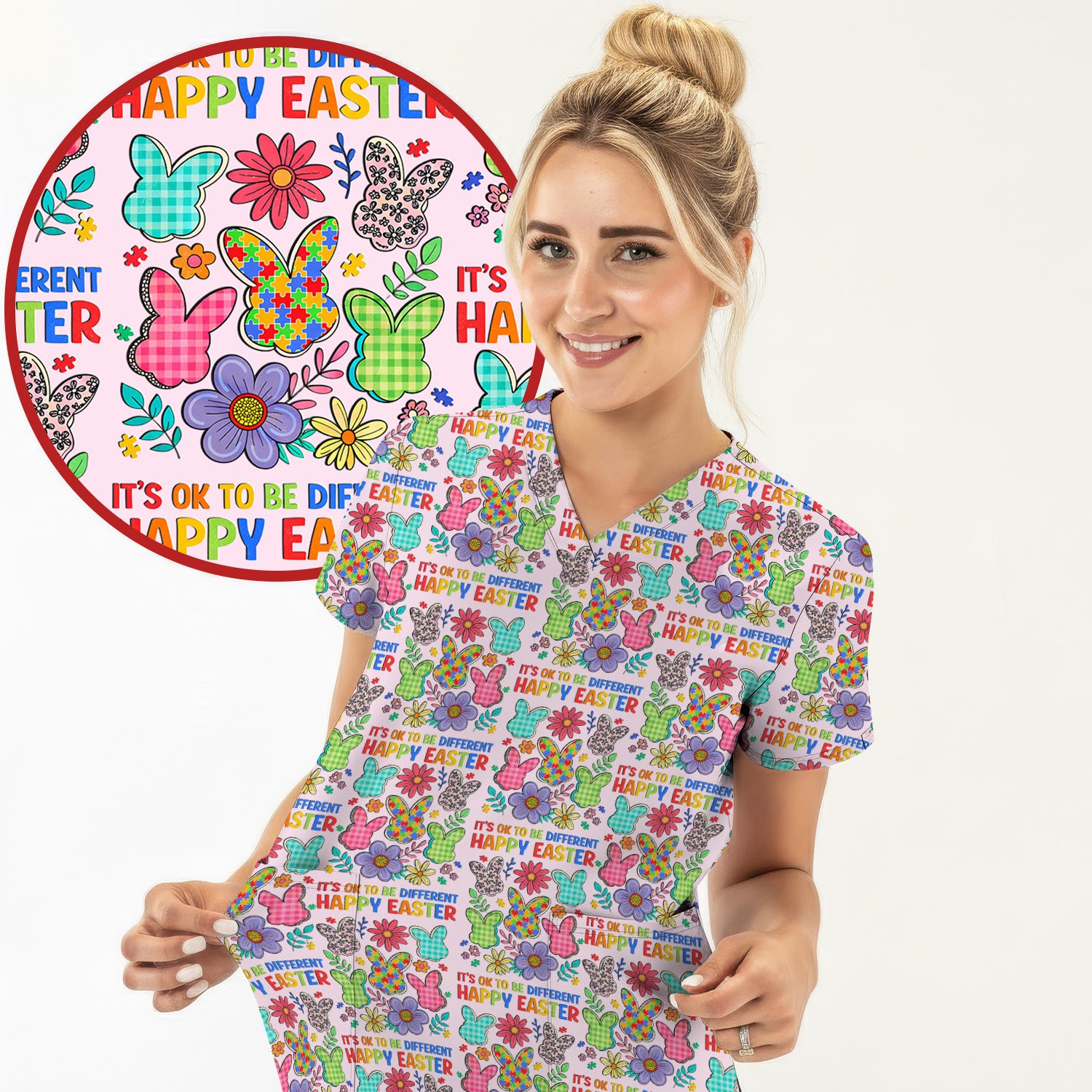 Happy Easter Bunny Floral Print Scrub Top, Breathable Fabrics Nursing Uniform