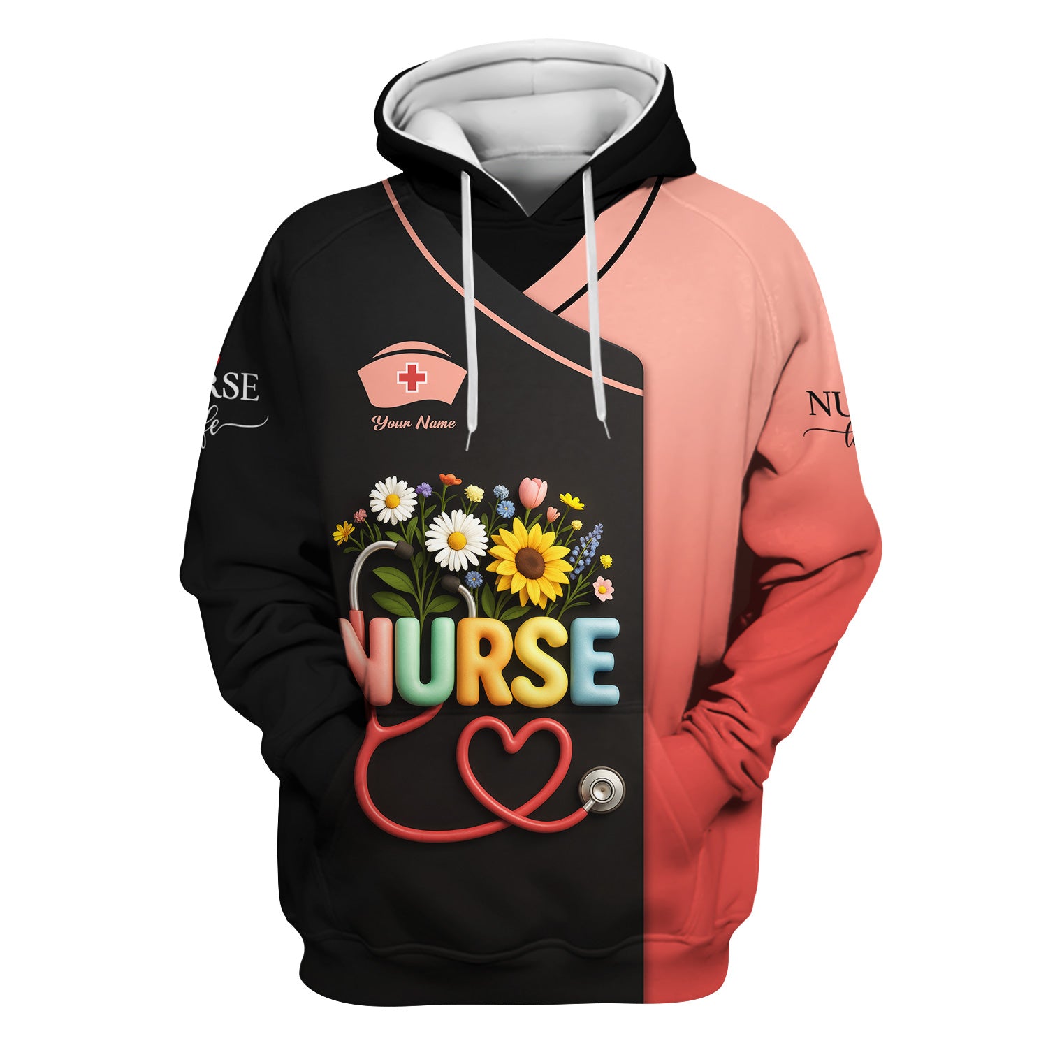 Colorful Floral Nurse Shirt - Personalized Scrub-Style Tee with Heart Stethoscope & Daisies - Gift for RN CNA LPN