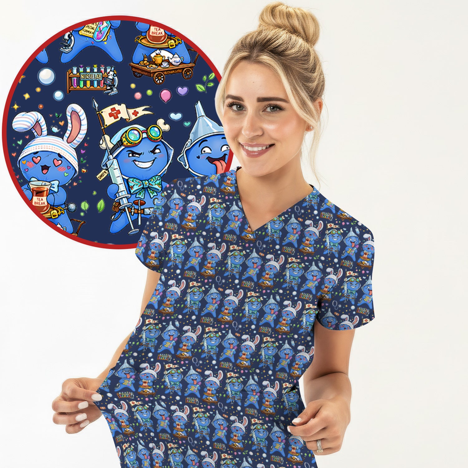 Cute Glove Doll Hospital Medical Cartoon Nurse Pattern Scrub Top, Comfortable Scrubs for Nurses