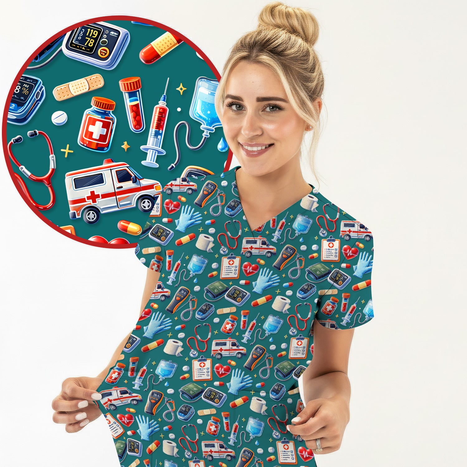 Medical Tools Pattern Ambulance Stethoscope Scrub Top, Comfortable Scrubs for Nurses