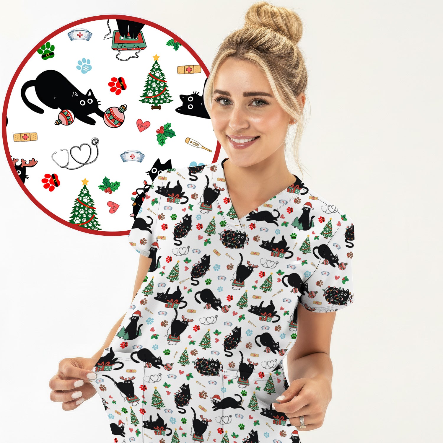 Black Cat Christmas Nurse Scrub Top, Festive Kitty Medical Uniform Shirt for Women
