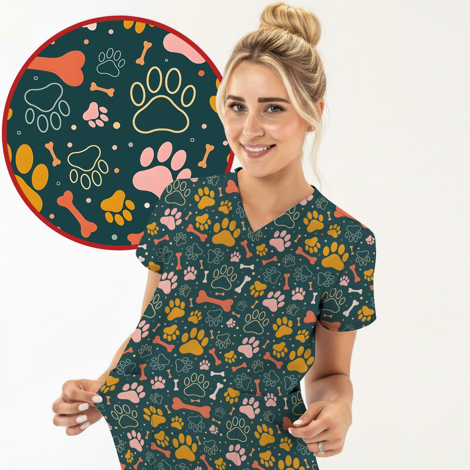 Cute Paw Print Dog Pattern Scrub Top, Comfortable Scrubs for Nurses