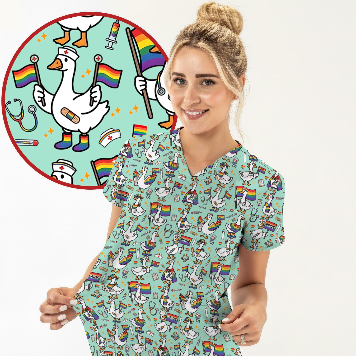 LGBT Pride Nurse Duck Pattern Scrub Top, Breathable Fabrics Nursing Uniform