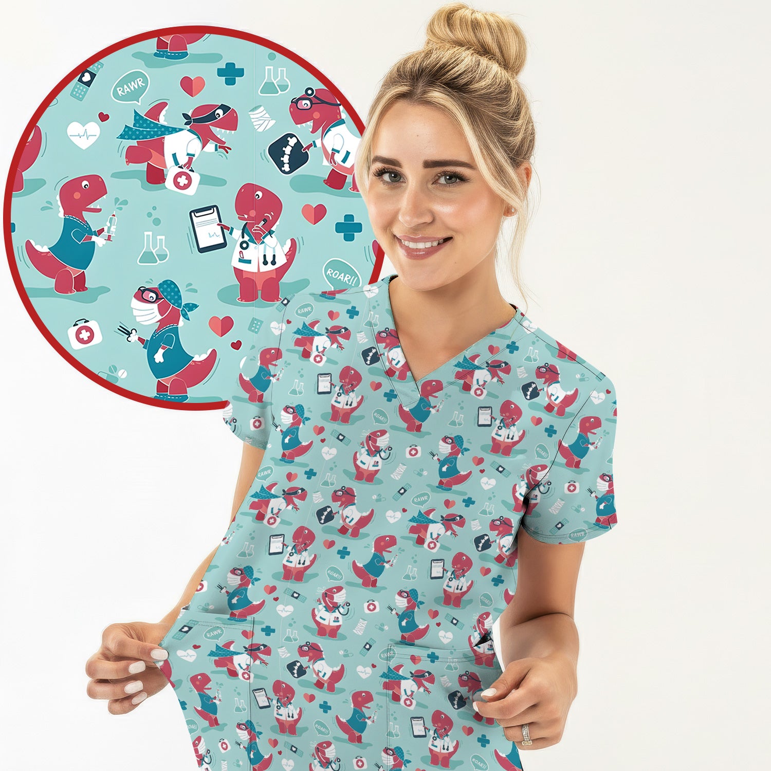 Cute Dinosaur Doctor Medical Pattern Scrub Top, Breathable Fabrics Nursing Uniform