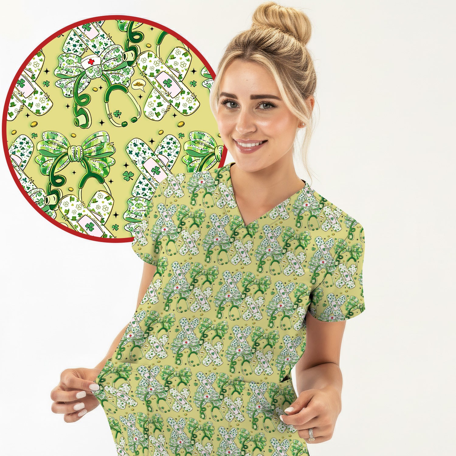 St Patrick Shamrock Stethoscope Bow Print Scrub Set, Breathable Med Uniform