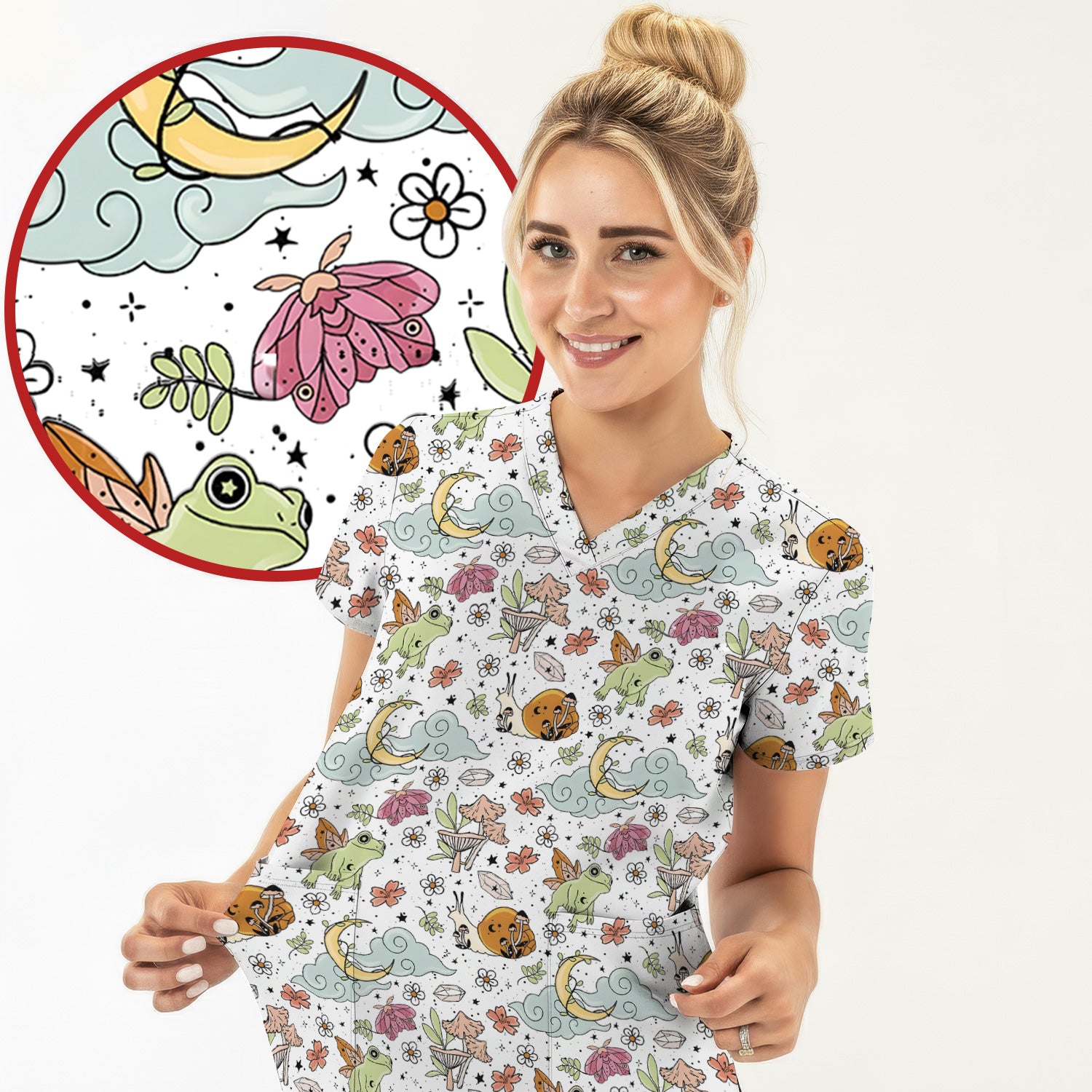 Whimsical Frog Moon Mushroom Pattern Scrub Top, Fantasy Nature Print, Breathable Fabrics Nursing Uniform