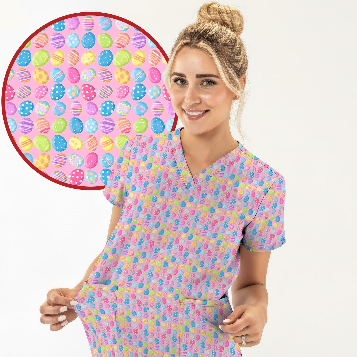 Colorful Easter Eggs Pattern Scrub Top, Comfortable Scrubs for Nurses