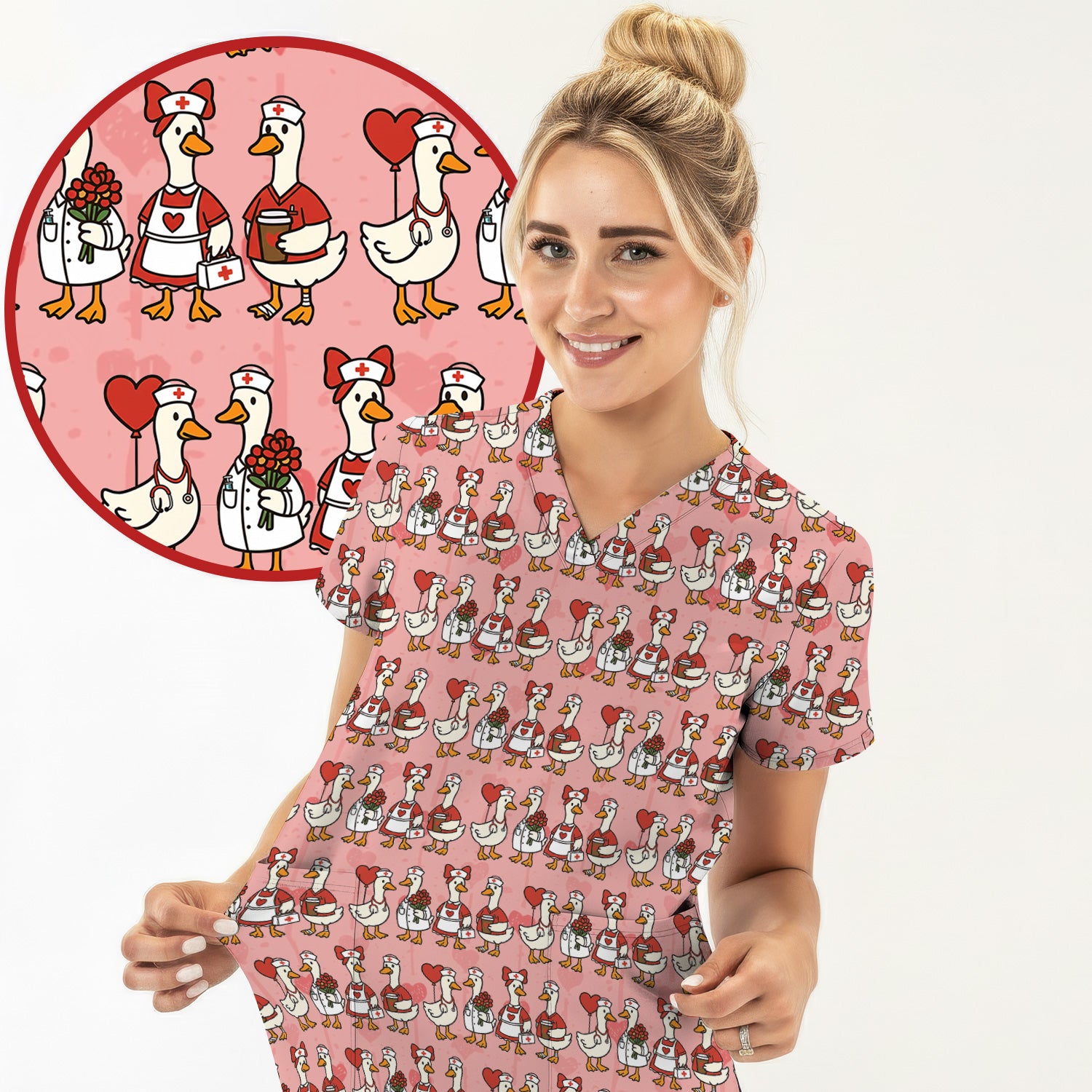 Valentine Nurse Goose with Heart Pattern Scrub Set, Scrub Pants and V Neck Top