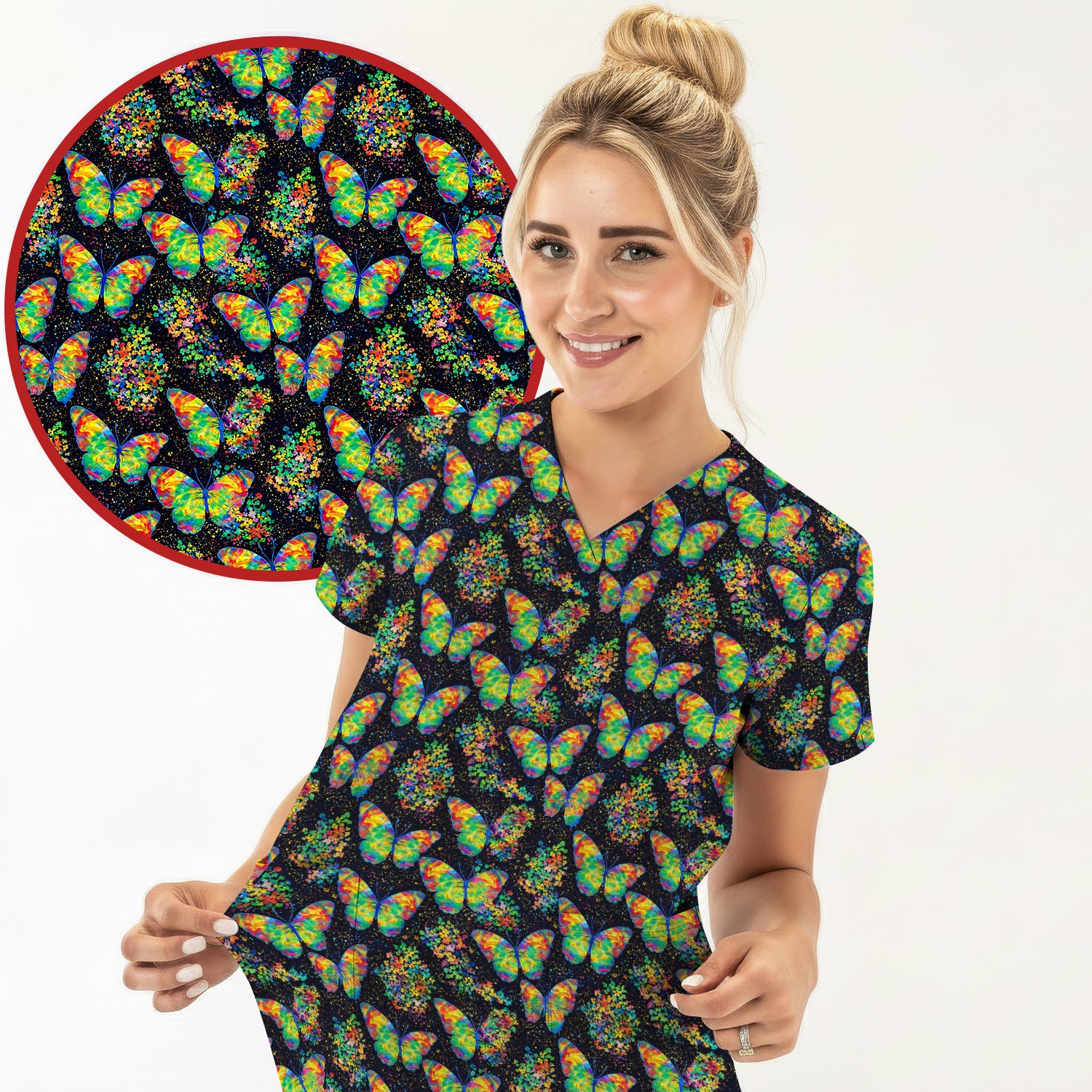 Rainbow Butterfly Galaxy Pattern Scrub Top, Comfortable Scrubs for Nurses