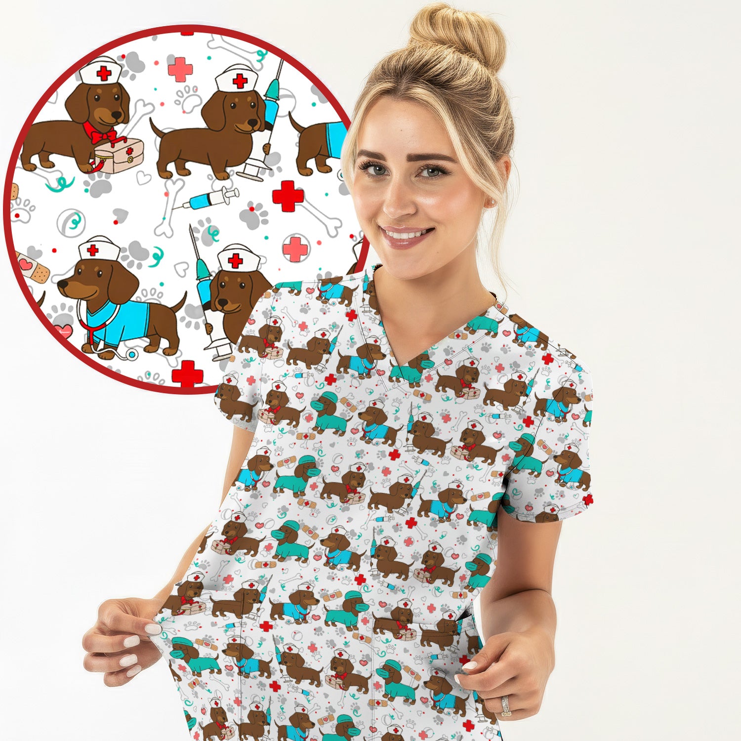 Cute Wiener Dog Dachshund Nurse Scrub Top, Funny Dachshund Dog Scrubs Shirt, Breathable Fabrics Nursing Uniform