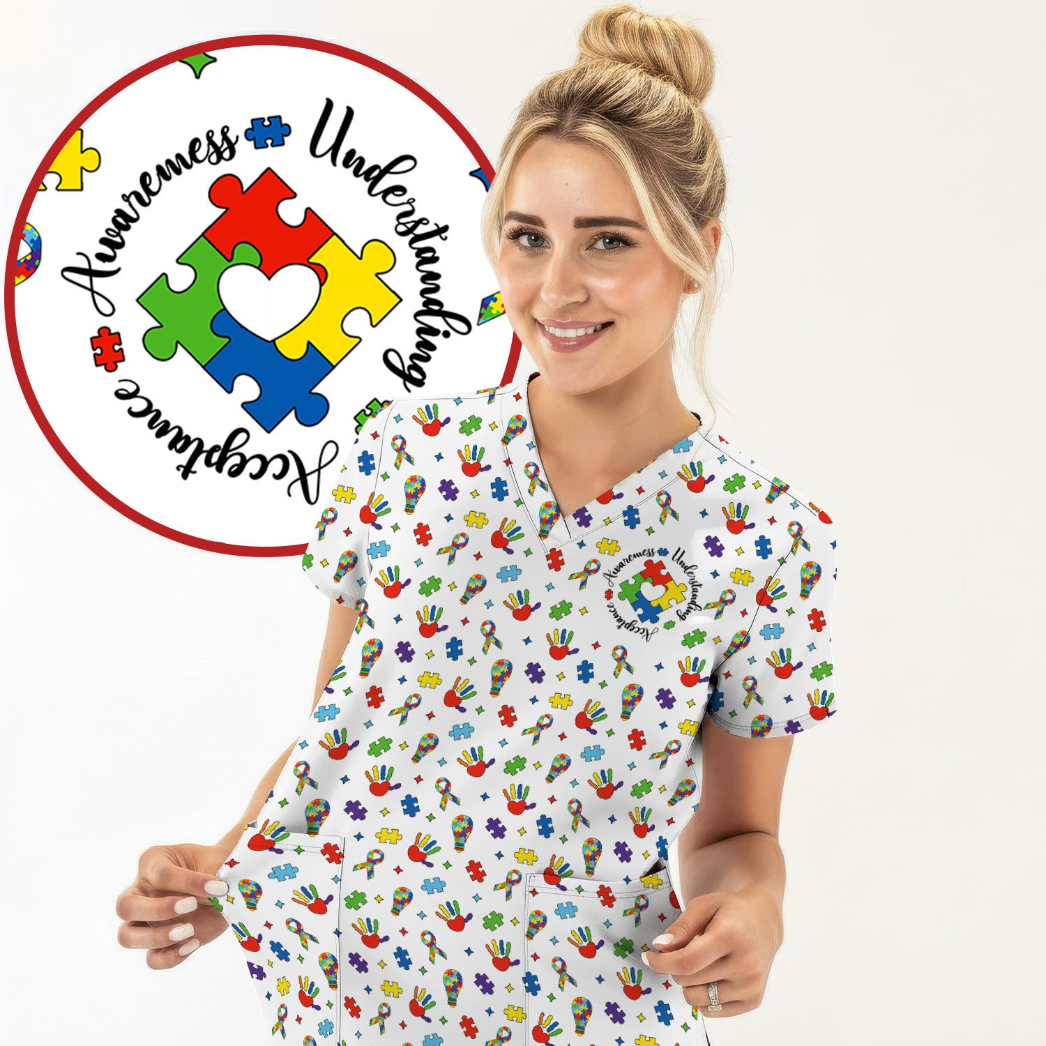 Autism Awareness Colorful Puzzle Pattern Scrub Top, Comfortable Scrubs for Nurses