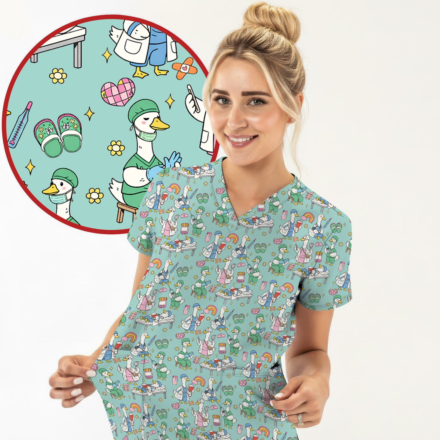 Funny Nurse Duck Medical Doodle Pattern Scrub Top, Comfortable Nurse Workwear Top