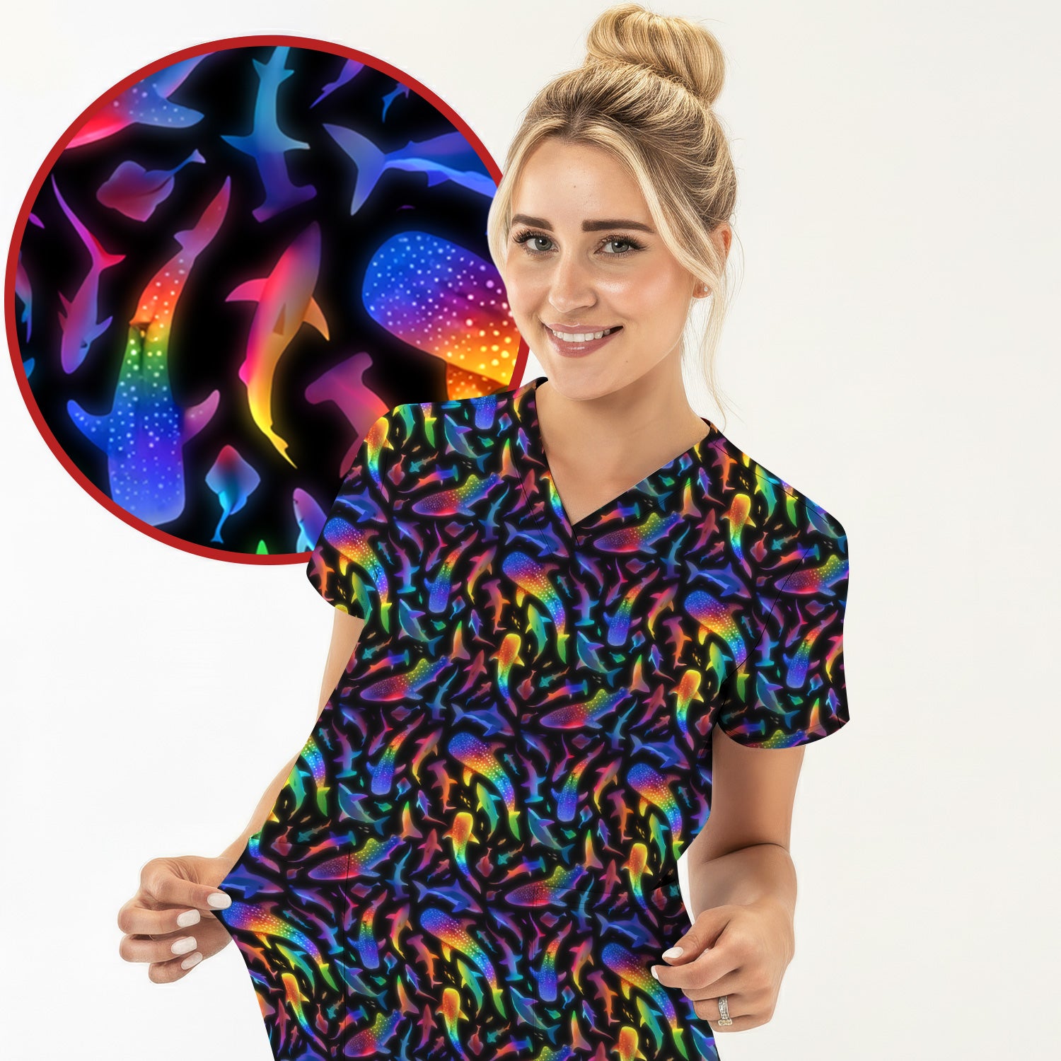 Vibrant Rainbow Shark Pattern Scrub Top, Comfortable Scrubs For Nurses