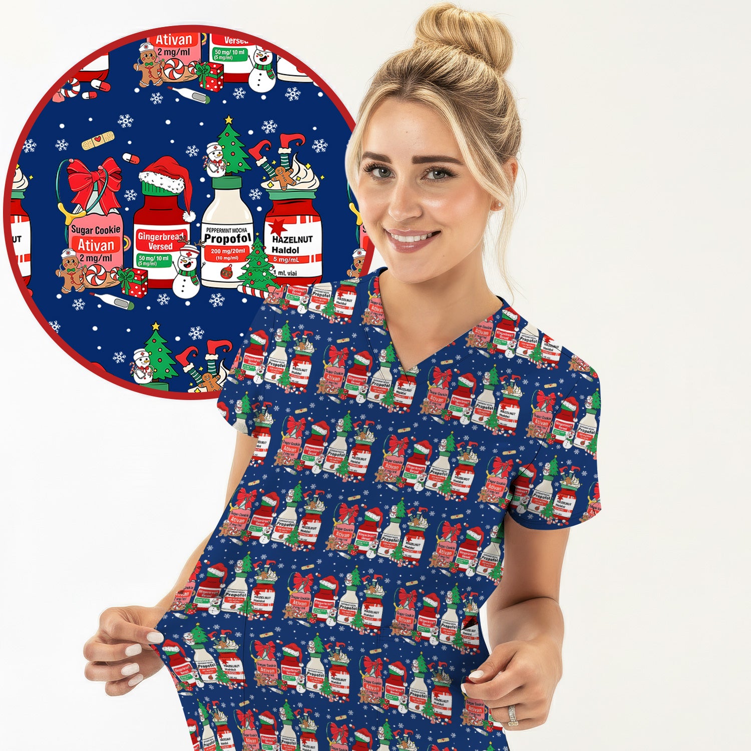 Funny Christmas Medication Scrub Top – Festive Holiday Pharma Bottles Pattern – Playful Medical Uniform for Nurses, Pharmacists & Healthcare Workers