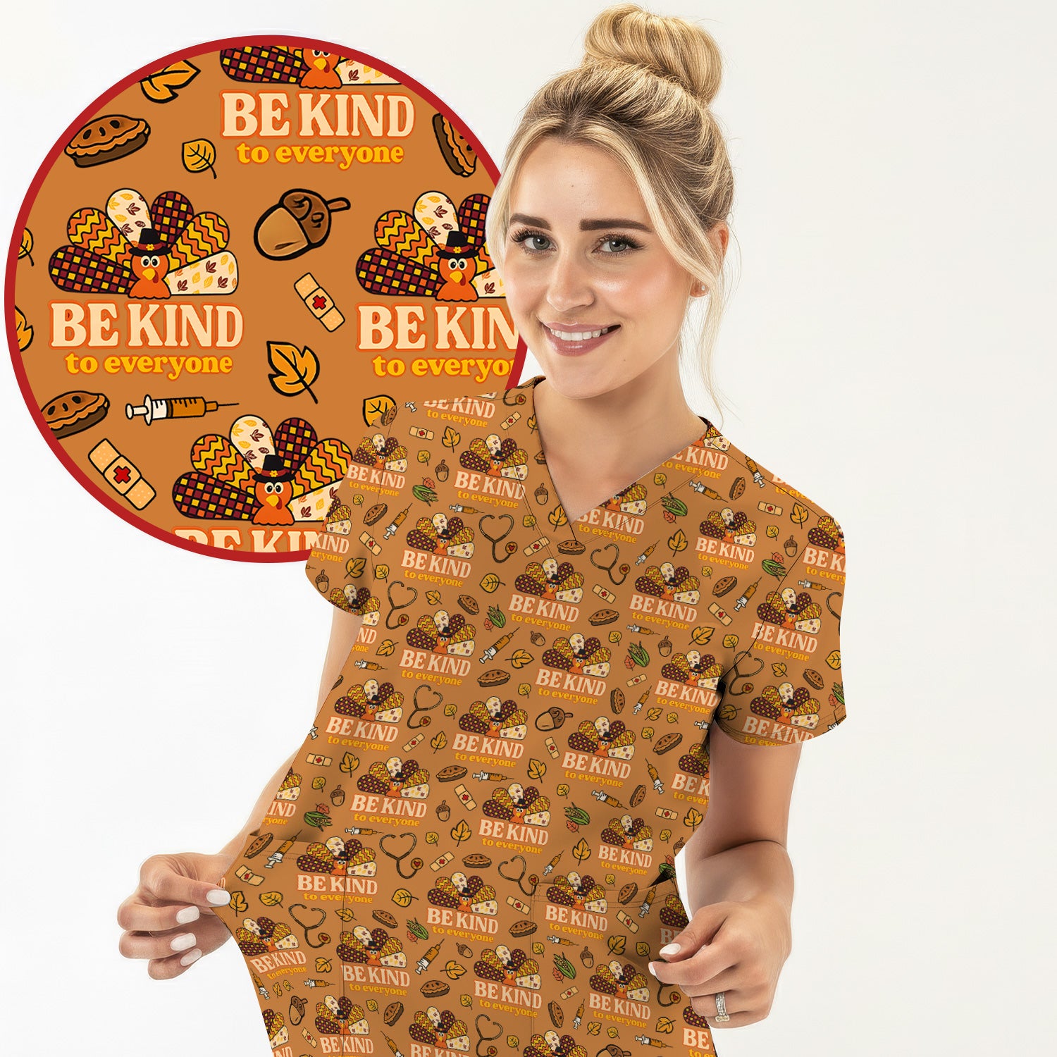 Thanksgiving Be Kind Scrub Top – Fall Nurse Shirt with Heart and Leaf Pattern – Cute Autumn Medical Uniform for Healthcare Staff