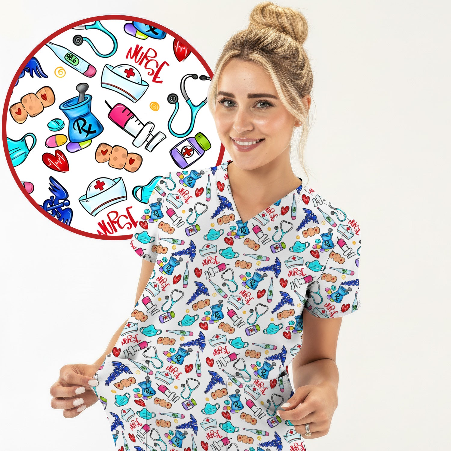 Nurse Medical Icons Stethoscope Heart Pattern Scrub Top, Comfortable Scrubs for Nurses