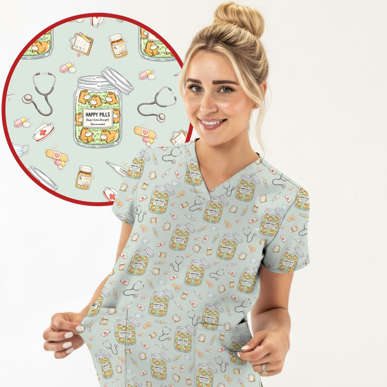 Happy Pills Horse Medical Print Nurse Scrub Top, Comfortable Scrubs for Nurses