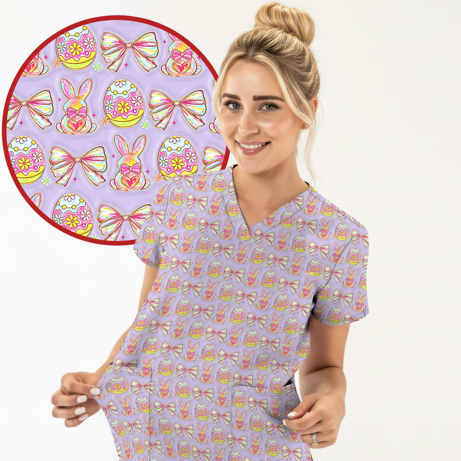 Easter Bunny Pastel Egg Bow Pattern Scrub Top, Breathable Fabrics Nursing Uniform