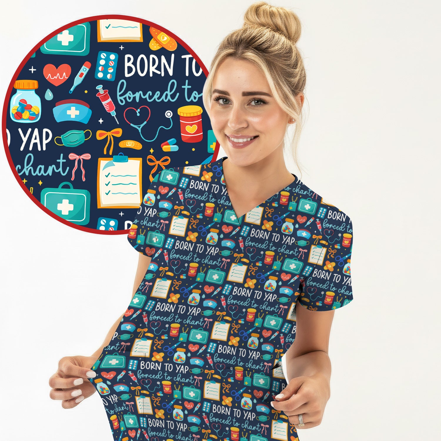 Born To Yap Medical Tools Pattern Scrub Top, Comfortable Scrubs for Nurses