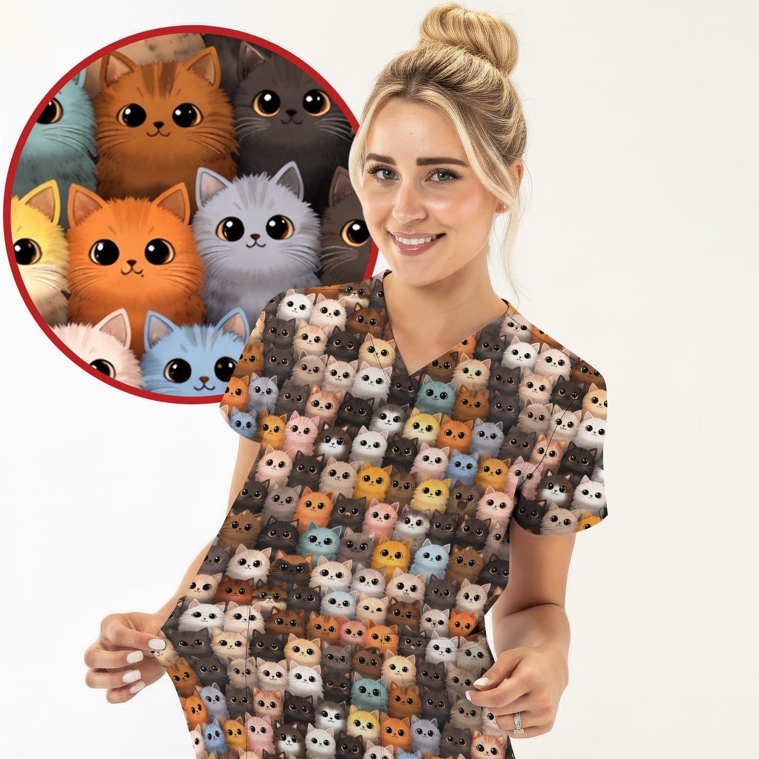 Cute Colorful Cat Pattern Scrub Top, Lightweight Medical Work Uniform